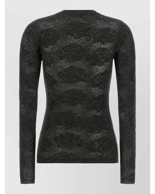 Brunello Cucinelli Black Flower Lace Knit Crew Neck Sweater