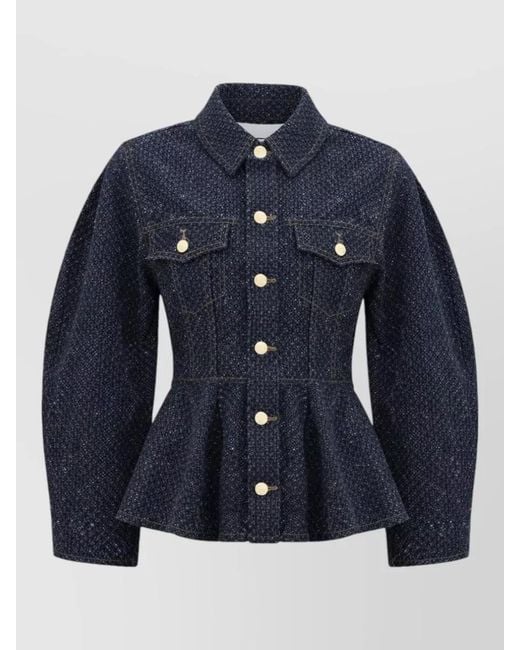 Ganni Blue Denim Tweed Peplum Jacket