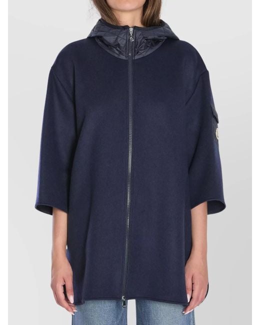 Moncler Blue Wool Cape With Hood And Arm Patch
