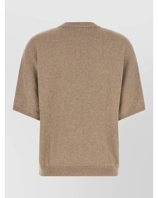 Brunello Cucinelli Natural Diamante Sequin Cashmere Silk Short Sleeve Sweater