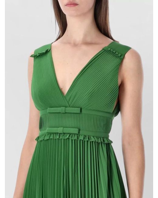 Self-Portrait Green Chiffon Strapless V-Neck Pleated Midi Dress