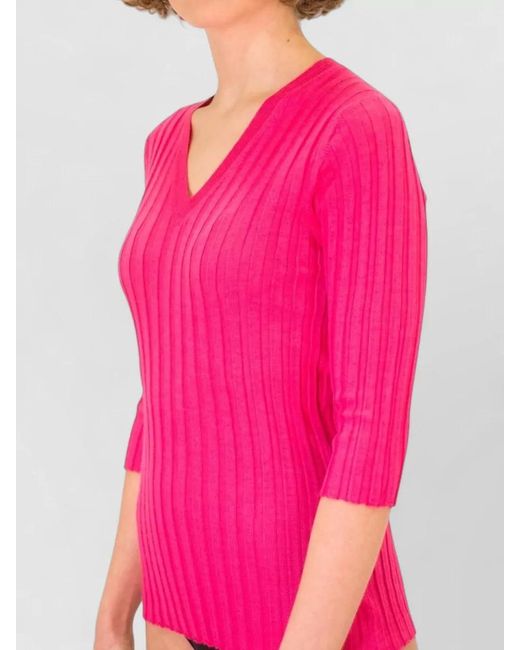 LA ROSE Pink V Neck Cashmere Silk Knitwear Top