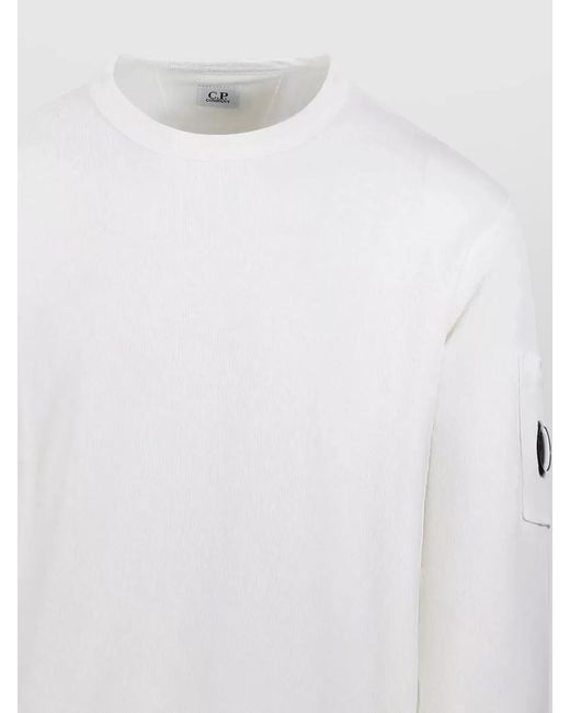 C P Company White Crewneck Fleece Sweatshirt Arm And Front Pocket for men