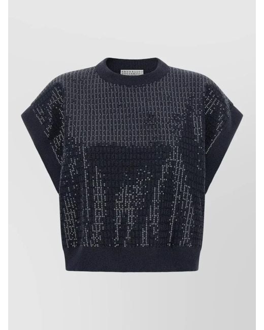 Brunello Cucinelli Blue Sequin Check Sleeveless Knit Sweater