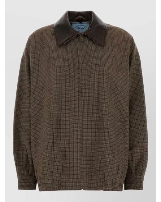 Prada Brown Wool Jacket Check Pattern Long Sleeves Collar
