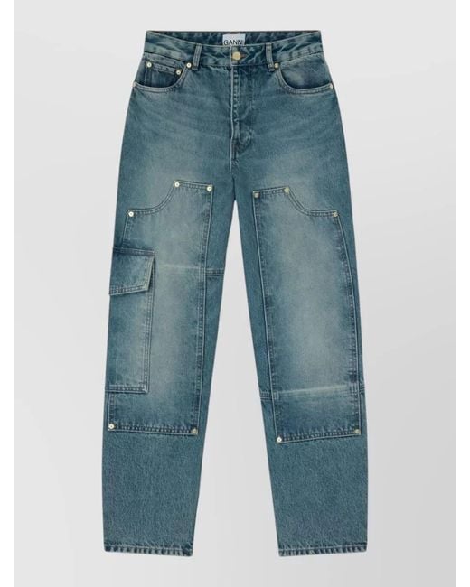 Ganni Blue Denim Paneled Straight-Leg Jeans