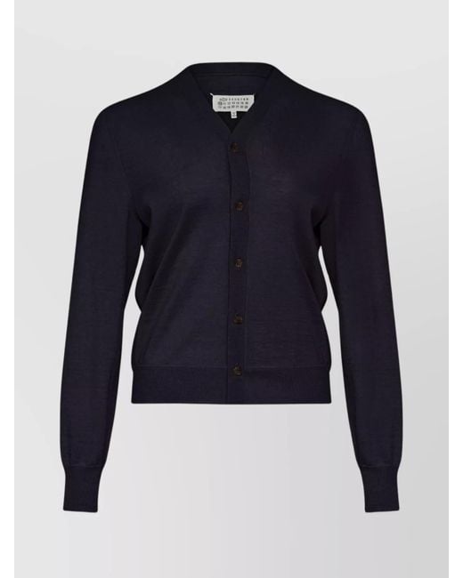 Maison Margiela Blue Wool Ribbed V-Neck Long-Sleeve Cardigan
