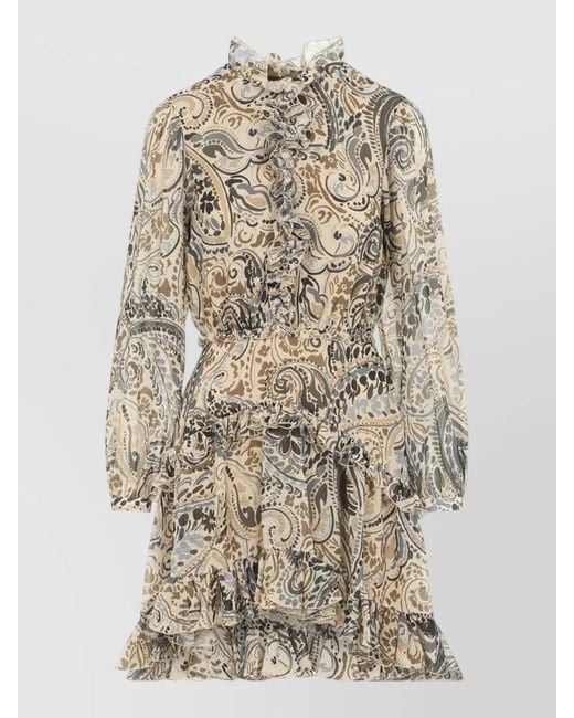 Etro Natural Floral Tiered Mini Dress High Neck