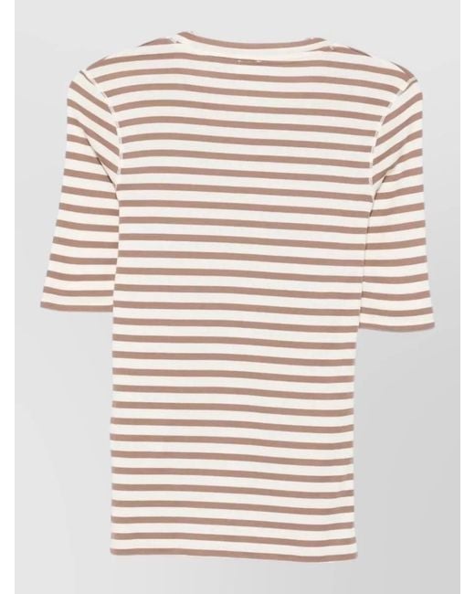 Closed Natural Striped Top Three Quarter Sleeves Round Neck