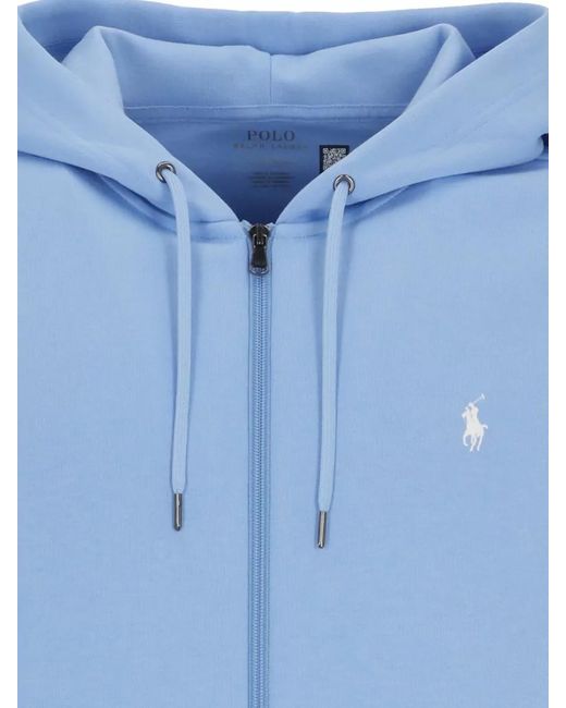 Ralph Lauren Blue Hooded Cotton Sweatshirt Ribbed Trims Pockets for men
