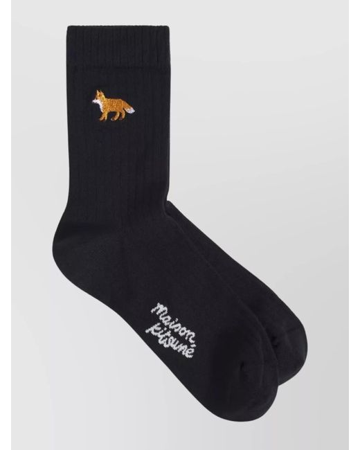 Maison Kitsuné Black Ankle Socks With Embroidered Fox Design for men