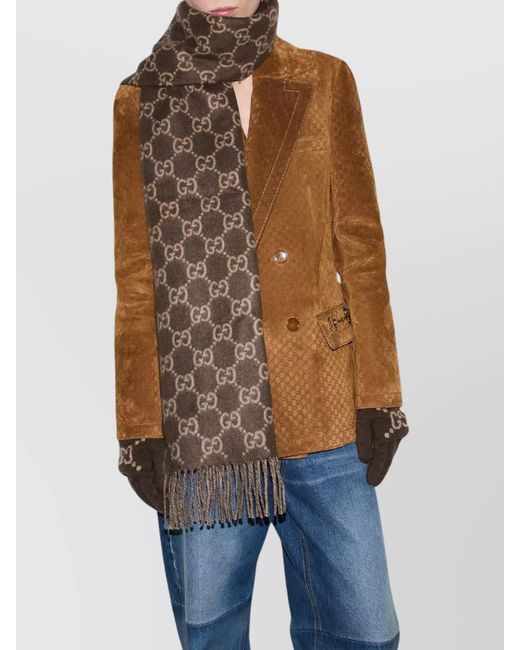Gucci Brown Cashmere Fringed Logo-Pattern Scarf