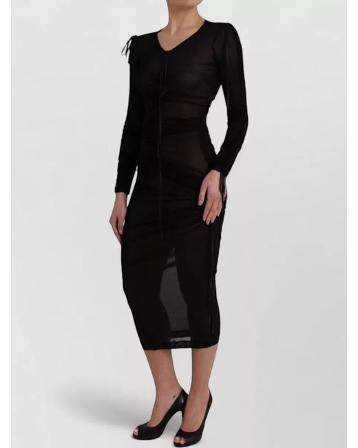Dolce & Gabbana Black Sheer Ruched V-Neck Long-Sleeve Midi Dress