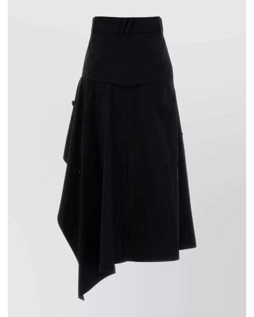 Burberry Black Gabardine Skirt Belted Waist Asymmetric Hem Buttons