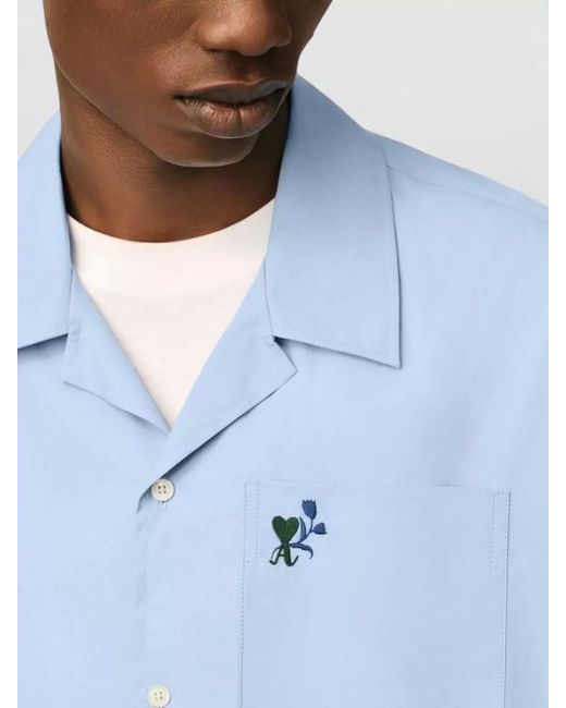 AMI Blue Short Sleeve Shirt Straight Cut Embroidered Pocket