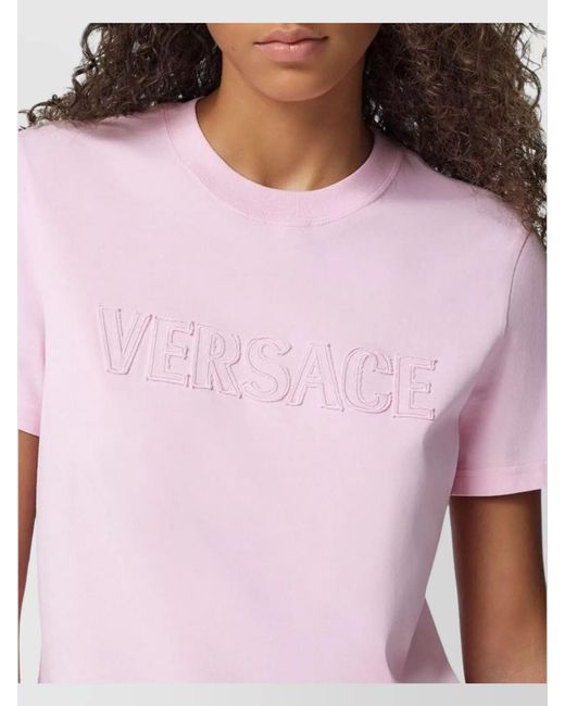 Versace Pink Fringed Logo Cotton T-Shirt