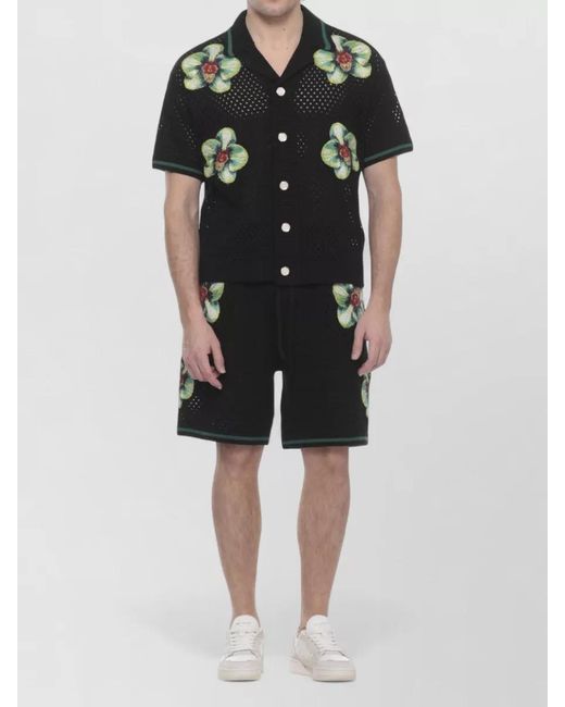 Casablanca Black Perforated Cotton Shirt Glitch Orchid Embroidery for men