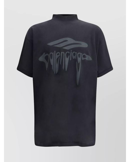 Balenciaga Blue Cotton Logo Print Oversized T-Shirt for men