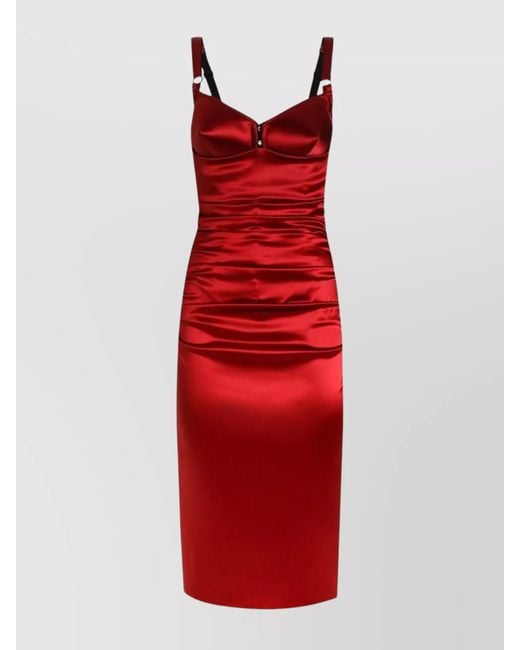 Dolce & Gabbana Red Draped Satin Bustier Midi Dress