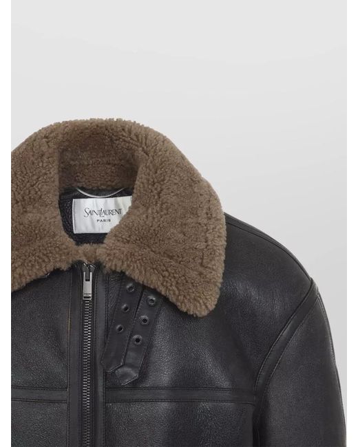 Saint Laurent Black Biker Coat Contrast Trim Faux Fur Collar for men