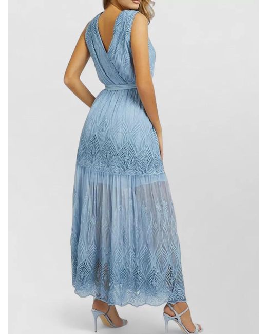 Guess Blue V Neck Sleeveless Maxi Dress Embroidered Belt