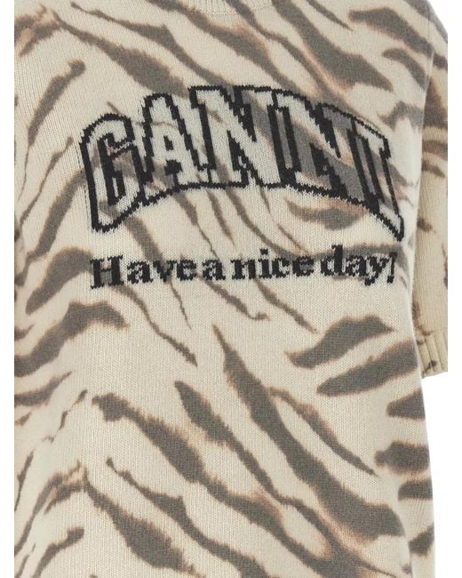 Ganni White Logo Crew Neck Graphic Knit Top
