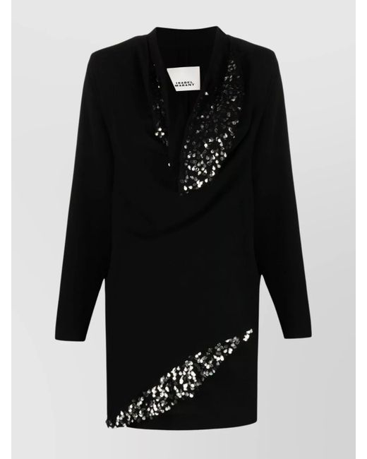 Isabel Marant Black Draped Neckline Sequin Embellishment Mini Dress
