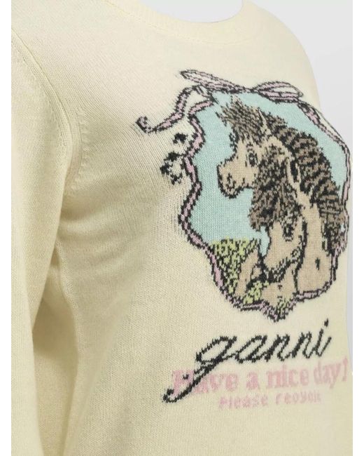 Ganni Metallic Horses Motif Crew Neck Knit Sweater