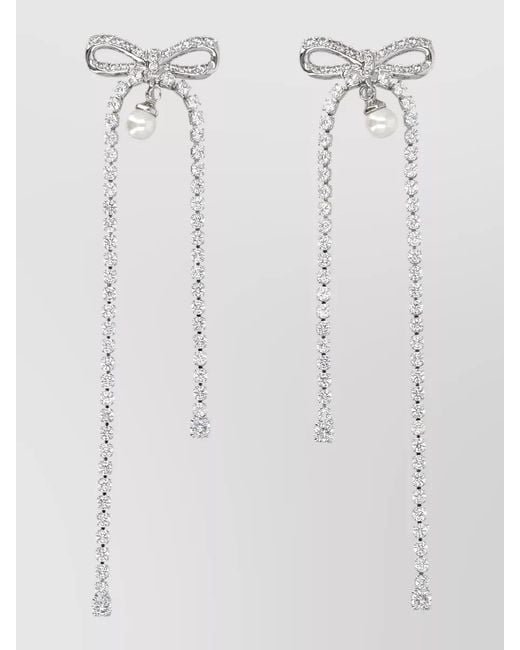 Self-Portrait White Long Bow Crystal Pearl Drop Earrings