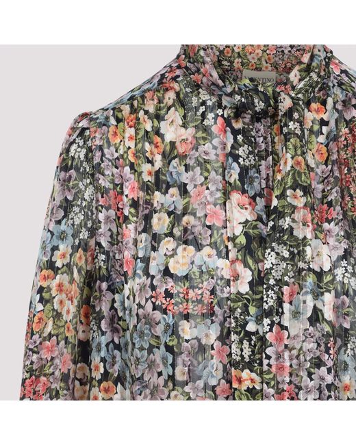 Valentino Multicolor Silk Floral-Print Long-Sleeve Blouse