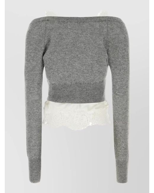 Ermanno Scervino Gray Cashmere Stretch Silk Off Shoulder Top Lace