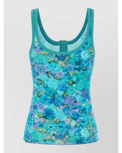 Chloé Blue Ribbed Printed Scoop-Neck Sleeveless Top