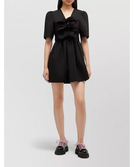 Ganni Black Organic Cotton V-Neck Short-Sleeve Mini Dress