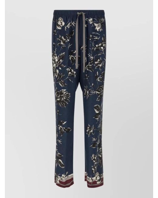 Dolce & Gabbana Blue Vanity Trousers Floral Print Contrast Hem Pockets for men