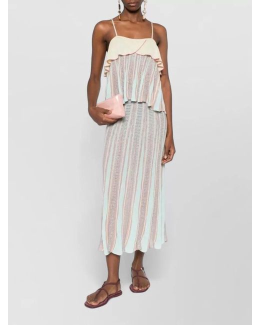 Forte_forte White Pleated Striped Midi Skirt Ruffle Detail