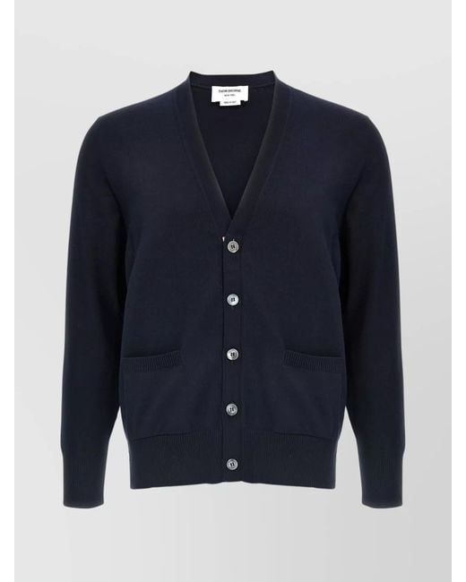 Thom Browne Blue Cotton Fine-Knit V-Neck Cardigan for men