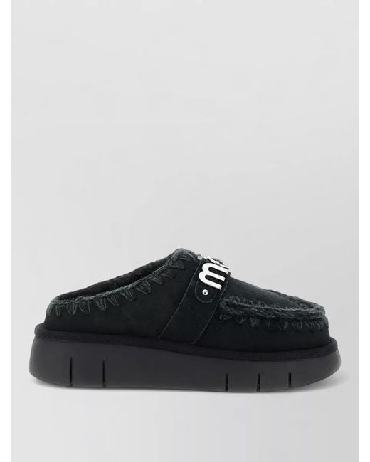 Mou Black Bounce Clog Flat Sole Round Toe Slippers