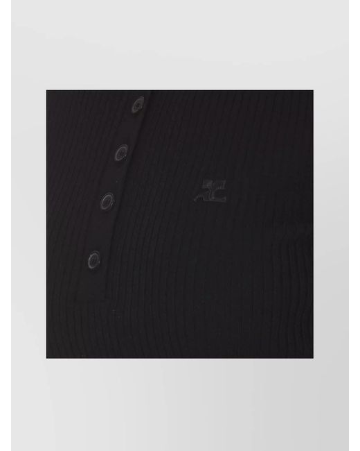 Courreges Black Ribbed Knit Short Sleeve Polo Top