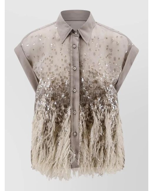 Brunello Cucinelli Natural Silk Shirt Sequins Fringe Feathers Sleeveless