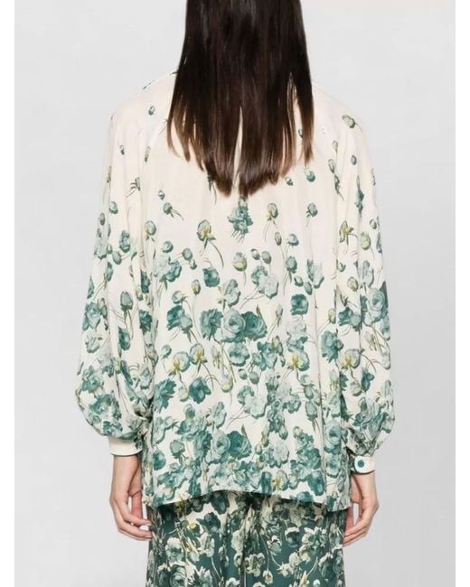F.R.S For Restless Sleepers Green Silk Blend Shirt Floral Tie Neck