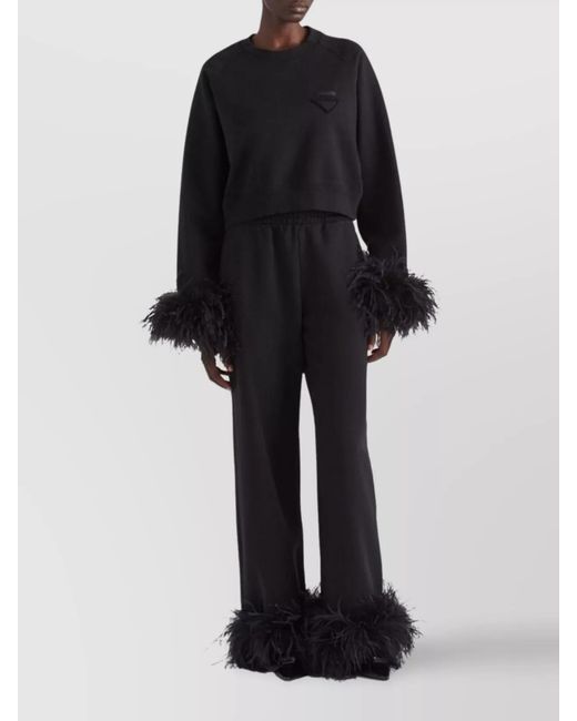 Prada Black Feather Trim High-Rise Wide-Leg Trousers