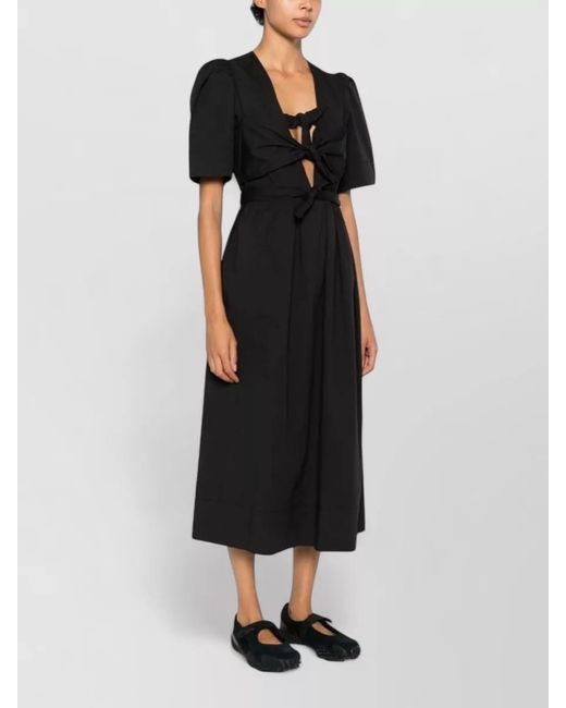 Ganni Black Organic Cotton Midi Dress Puff Sleeves Bow