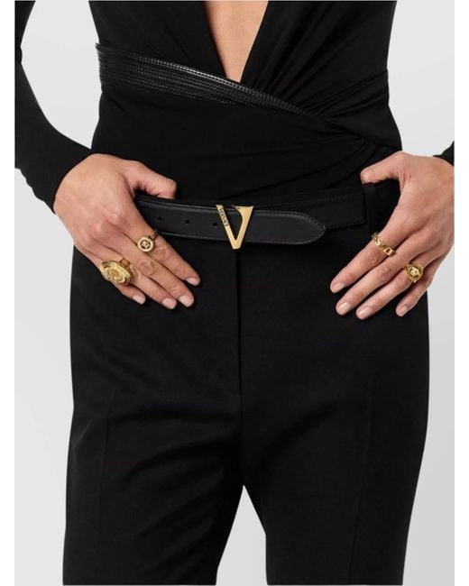 Versace Black Adjustable Calf Leather Belt With V Buckle