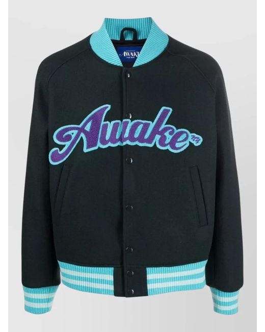 AWAKE NY Black Varsity Jacket Logo Band Collar Wool for men
