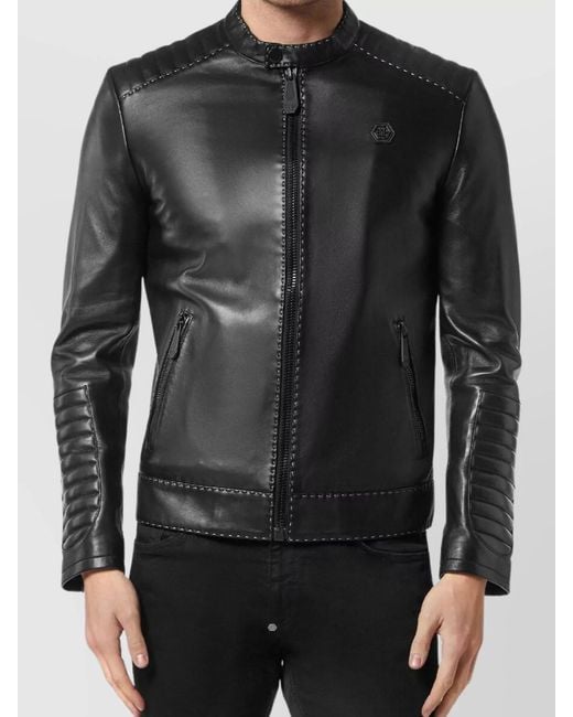Philipp Plein Black Leather Biker Jacket for men