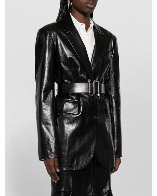 Sportmax Black Leather Jacket Detachable Belt Notched Lapels