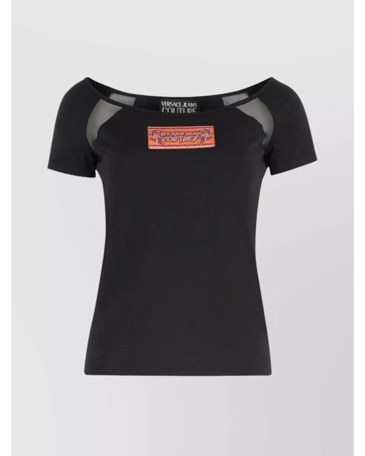 Versace Jeans Couture Black Cotton Logo T-Shirt With Tulle And Mesh