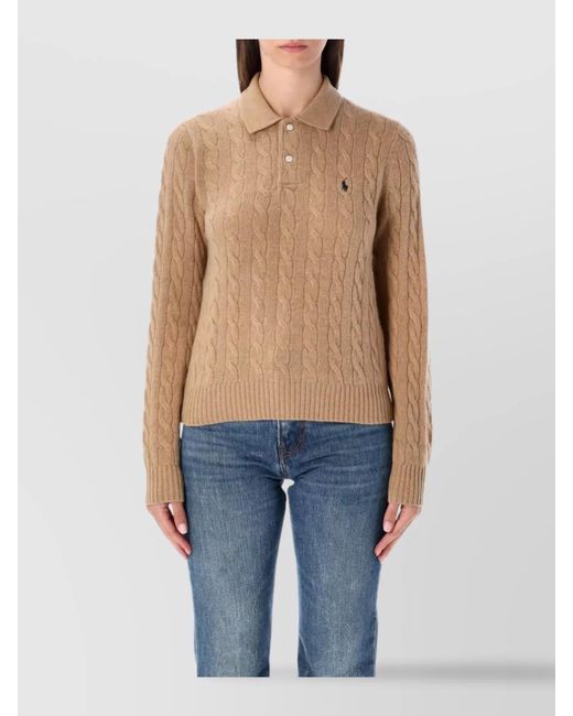 Polo Ralph Lauren Blue Cable Knit Polo With Ribbed Cuffs And Hem
