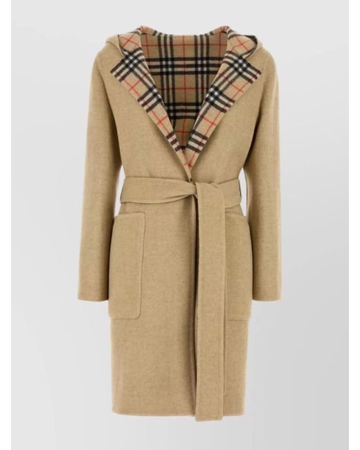 Burberry Natural Wool Reversible Hooded Belted Single Breasted Coat
