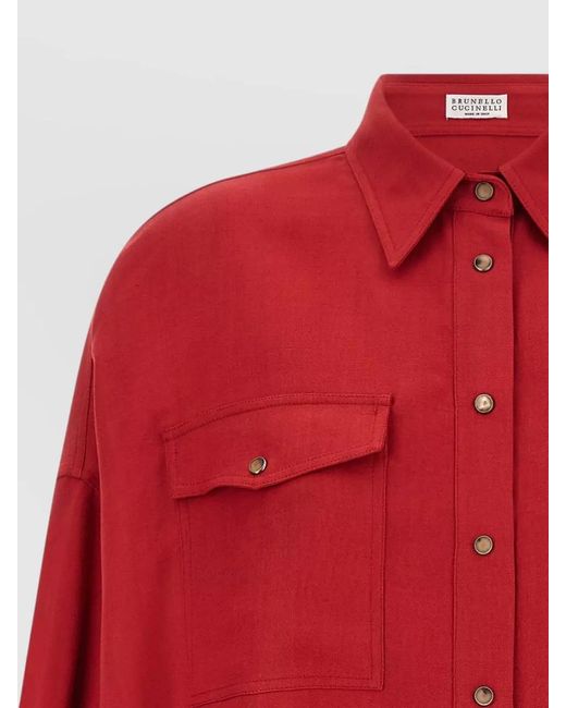 Brunello Cucinelli Red Linen-Blend Twill Long-Sleeve Shirt